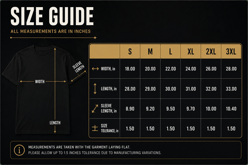 Size guide - all measurements in inches
